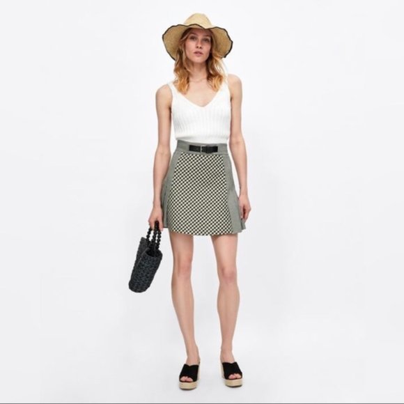 Zara Houndstooth Pleated Check Mini Skirt sz Small - Picture 2 of 11